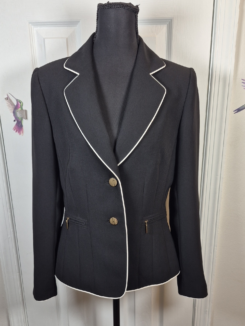 TAHARI Arthur S. Levin Black White Piping Tailored Career Office Blazer 4 - Picture 4 of 7